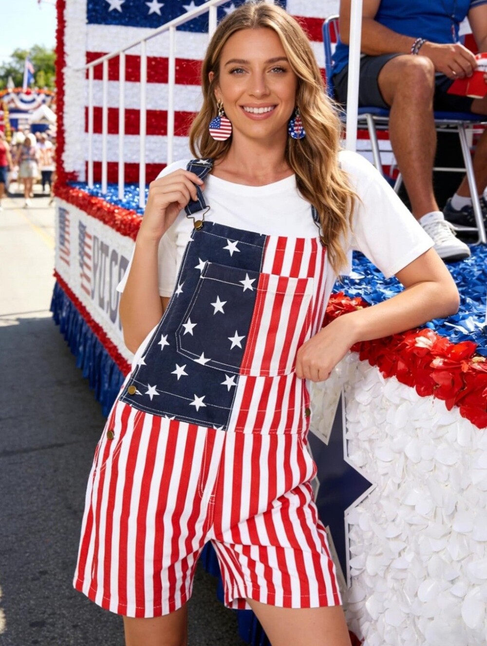4 American Flag Star & Stripe Short Overalls - Red White Blue